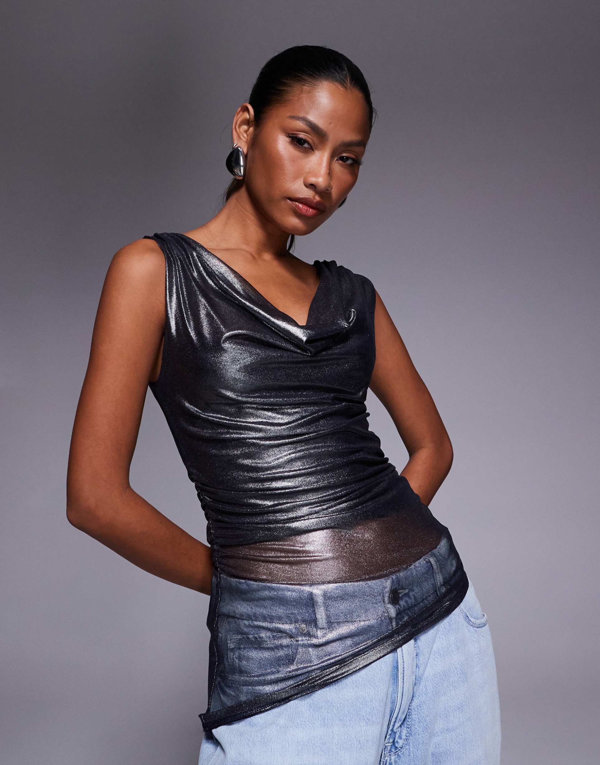 river island metallic cowl neck top in silver