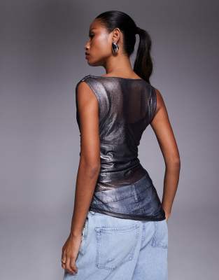 River Island Metallic Cowl Neck Top In Black