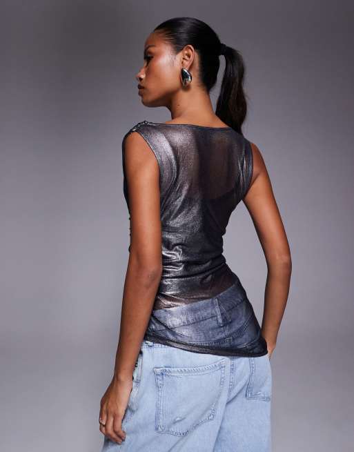 River Island metallic cowl neck top in silver