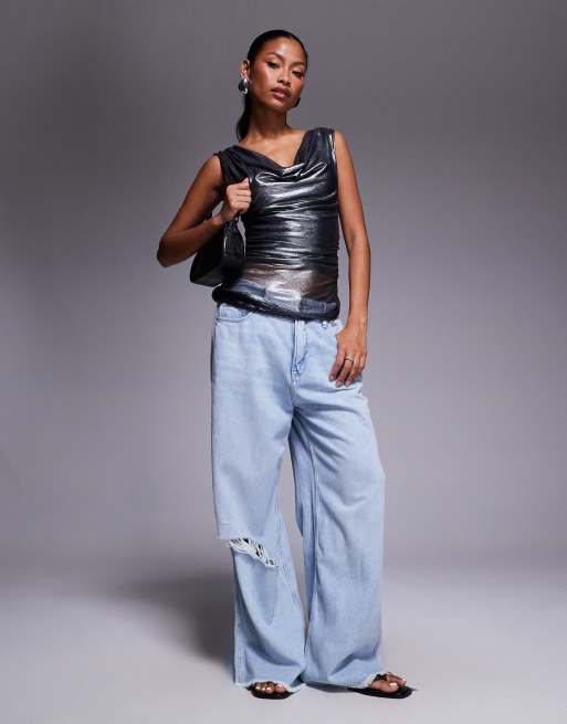 River Island metallic cowl neck top in silver, 3 of 4