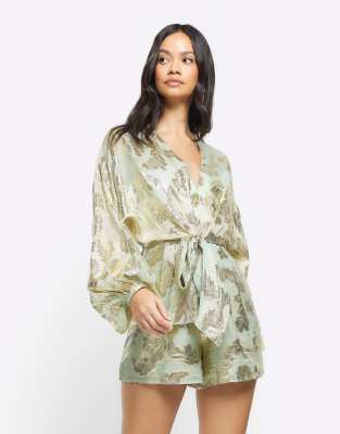Shop River Island Metallic detail tie waist playsuit light Online – Trendy & Affordable Fashion