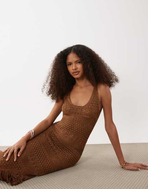 River Island metallic fringed asymetic knitted midi dress in bronze - view 1