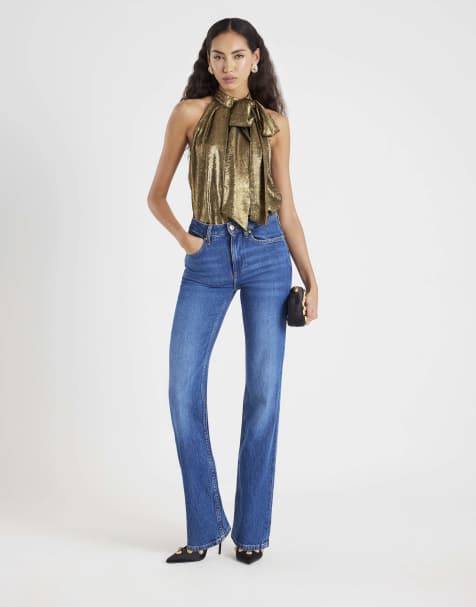 River Island Metallic halter neck top in gold - view 1