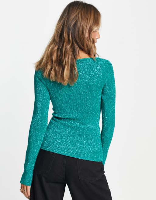 River Island metallic knit top with sweetheart neckline in green, 2 of 4