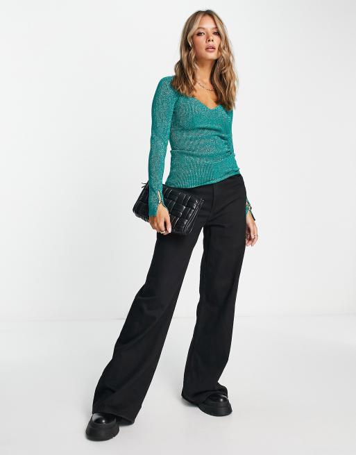 River Island metallic knit top with sweetheart neckline in green, 4 of 4