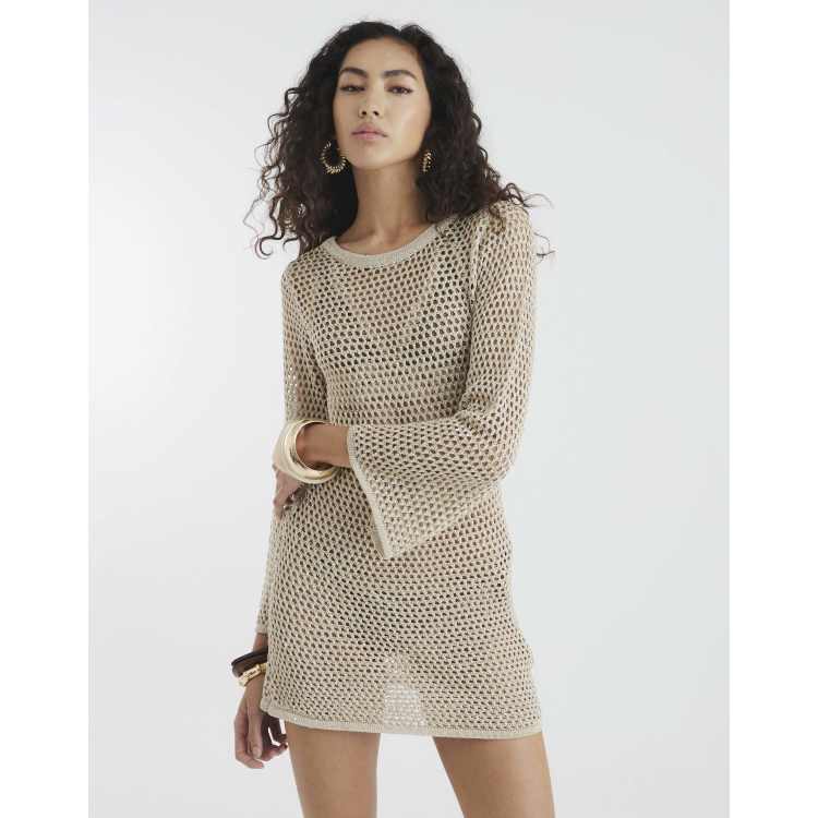 River Island Metallic knit tunic mini dress in gold | ASOS