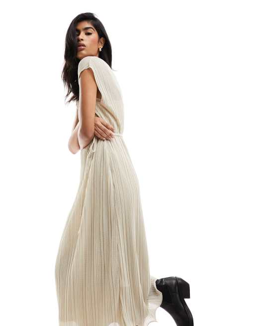 River Island metallic plisse column dress in gold | ASOS