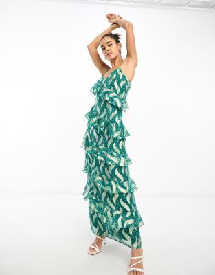 metallic ruffle slip dress in green geometric print