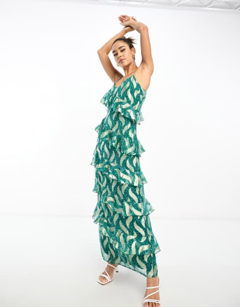 River Island metallic ruffle slip dress in green geometric print - view 1