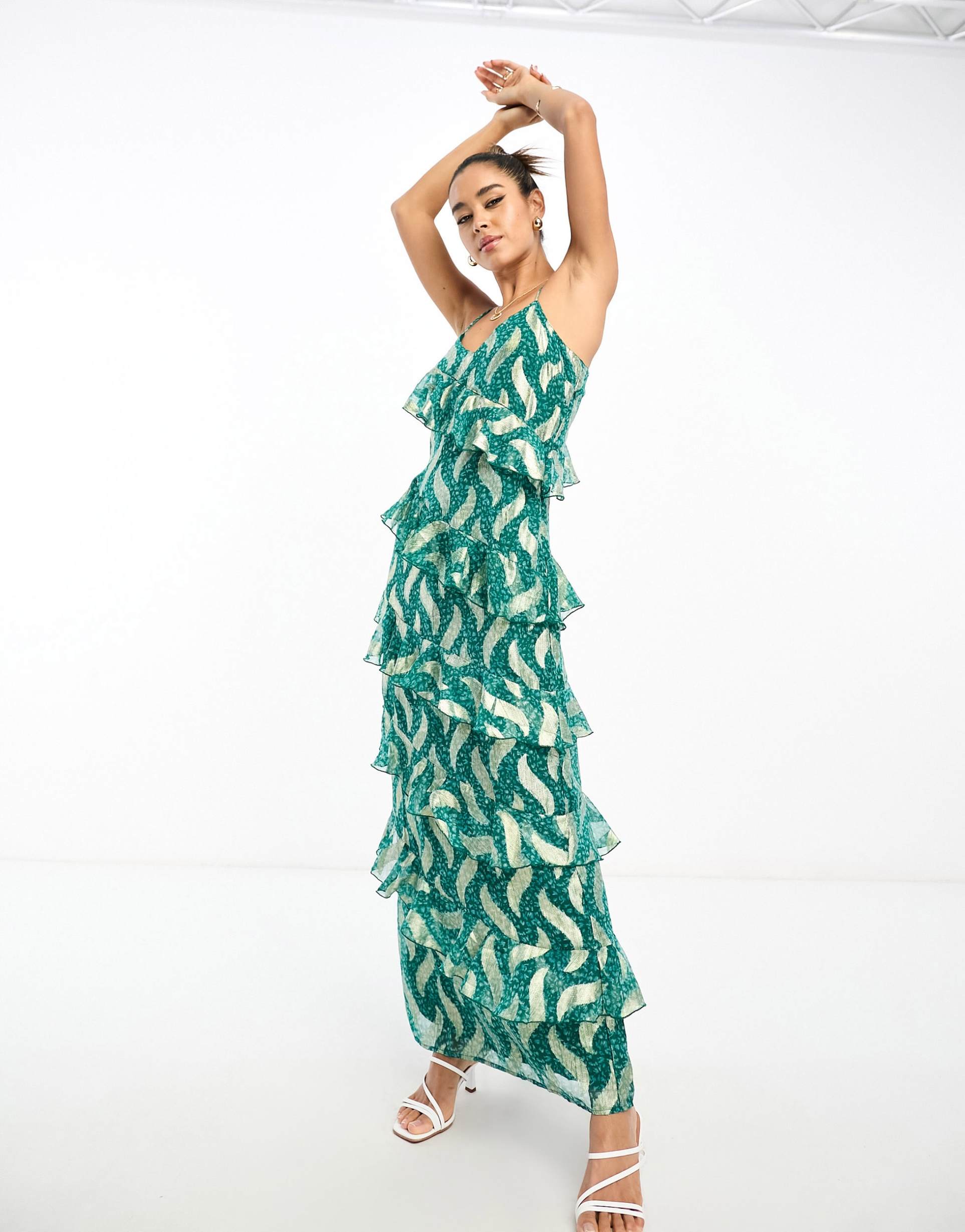 river island metallic ruffle slip dress in green geometric print
