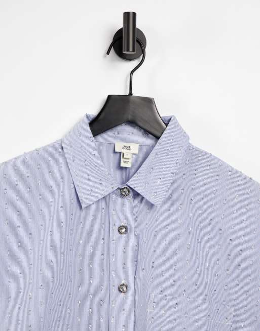 River Island metallic thread oversized shirt in blue, 3 of 4