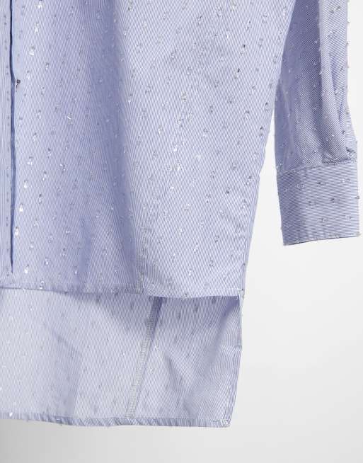 River Island metallic thread oversized shirt in blue, 4 of 4