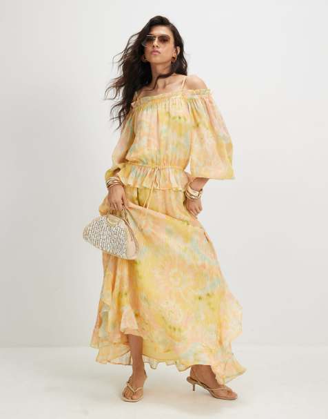 River Island Metallic tie dye bardot maxi dress in yellow - view 1
