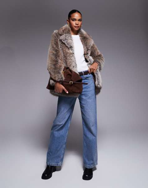 River Island mid length faux fur coat in dark brown - view 1