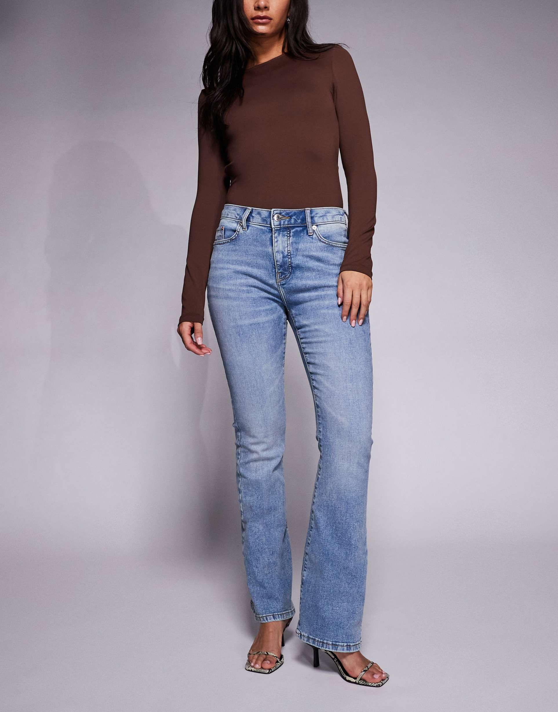 river island mid rise bootcut jeans in mid blue