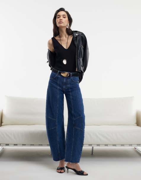 River Island Mid rise seamed raw hem barrel jeans in denim - dark - view 1