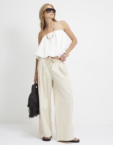 River Island Mid rise tie waist wide leg trousers in ecru - view 1