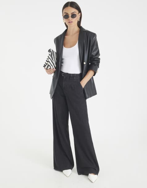 River Island Mid rise wide leg tie front jeans in black - view 1