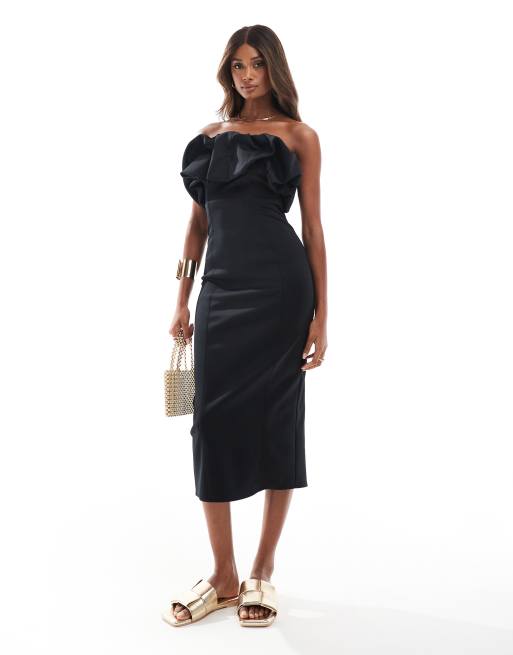 River Island - Midi-bardotjurk met pofmouwen in zwart