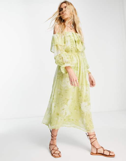 River Island - Midi-bardotjurk met ruches en bloemenprint in groen