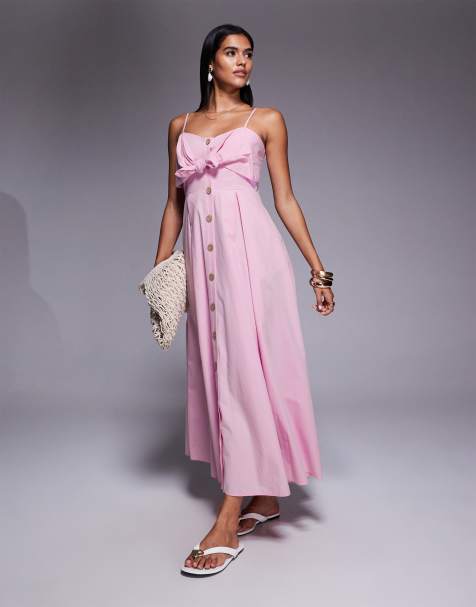 River island midi bow button up dress in pink - view 1