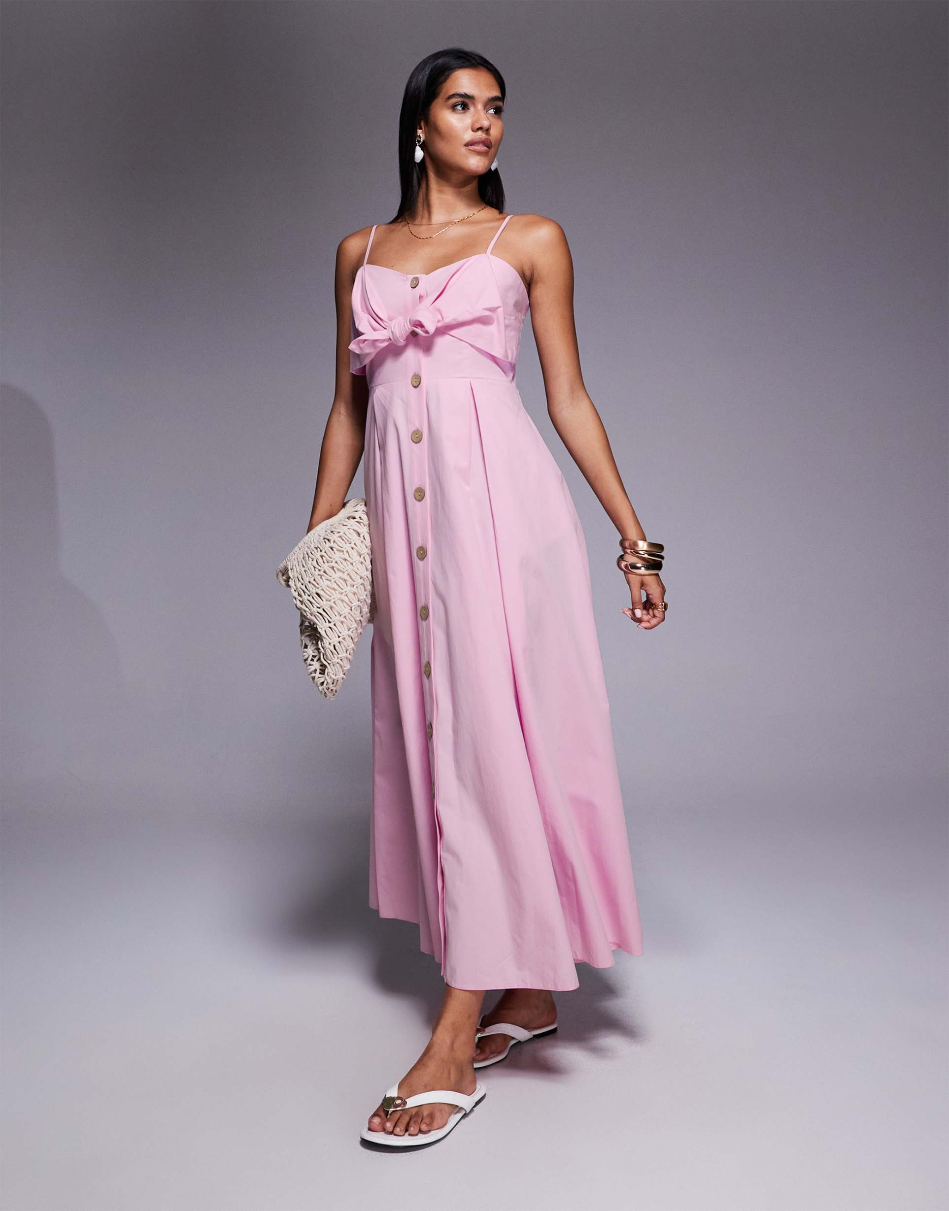 river island midi bow button up dress in pink