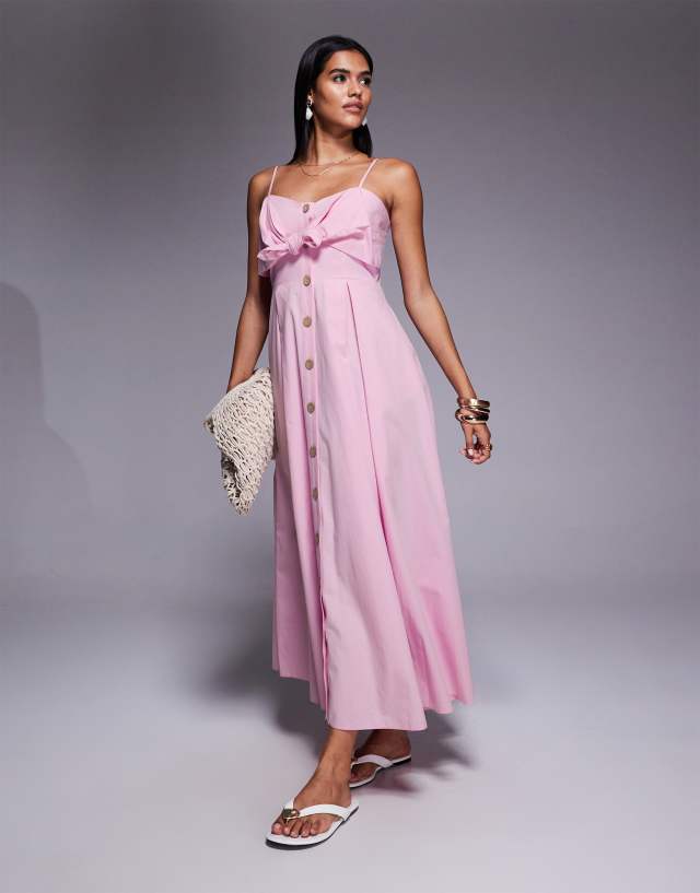 River island midi bow button up dress in pink | ASOS