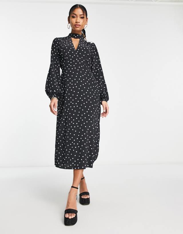 River Island midi dress in black polka dot with heart button detail