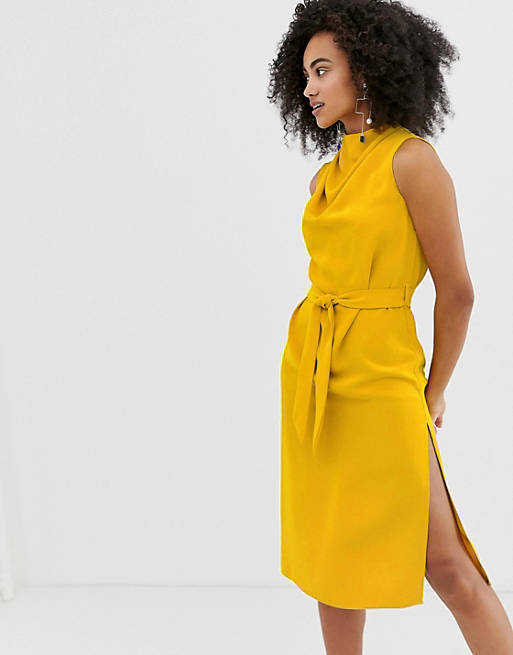 River Island midi dress with belt detail in yellow | ASOS