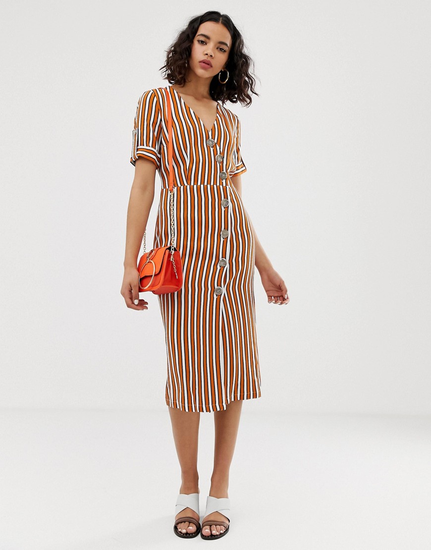 River Island midi dress with button detail in stripe-Brown