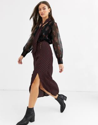 River Island midi dress with pussybow blouse in mixed print-Black