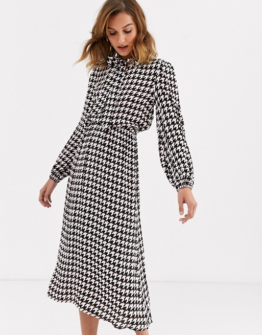 River Island midi dress with pussybow in dogtooth