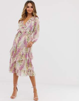 River island purple floral frill store maxi dress