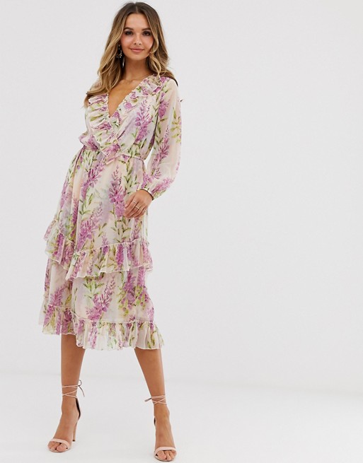 River Island midi dress with ruffle detail in pink floral