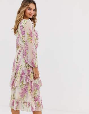 river island midi dress with ruffle detail in pink floral