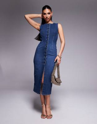 River Island - Midi-Jeanskleid in dunkelblauer Waschung