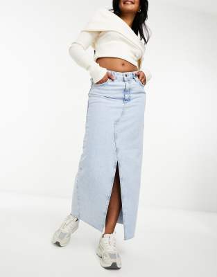 River Island - Midi-Jeansrock in Hellblau mit Schlitz vorne