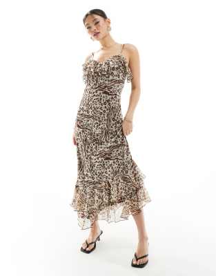 River Island - Midi-jurk met asymmetrische ruches in bruine dierenprint - view 1
