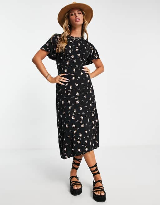 River Island - Midi jurk met fladdermouwen en bloemenprint in zwart