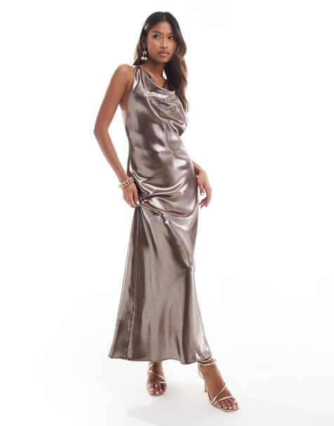 River Island - Midi jurk met halternek en gedraaide achterkant in bruin - view 1