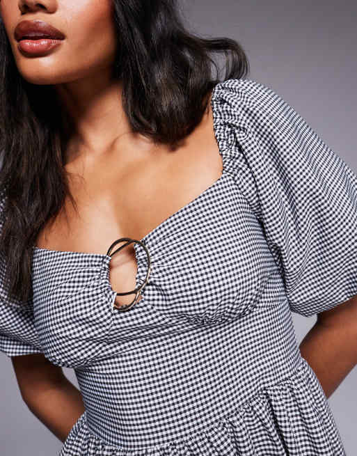 River Island - Midi jurk met pofmouwen, afwerking en gingham ruit in zwart , 2 van 4
