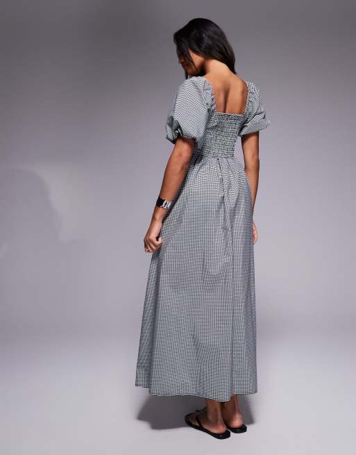 River Island - Midi jurk met pofmouwen, afwerking en gingham ruit in zwart , 3 van 4