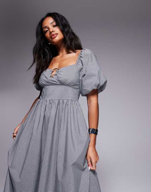 River Island - Midi jurk met pofmouwen, afwerking en gingham ruit in zwart , 4 van 4