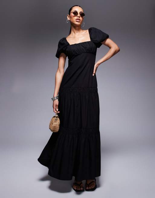 River Island - Midi jurk met pofmouwen in zwart