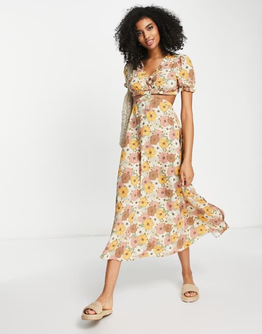 River Island - Midi-jurk met uitsnijding en bloemenprint in oranje
