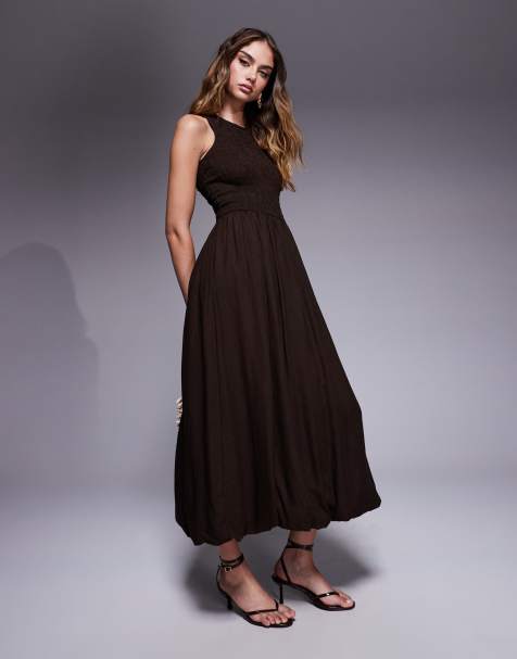 River Island - Midi-jurk van linnenmix met bolle rok in donkerbruin - view 1