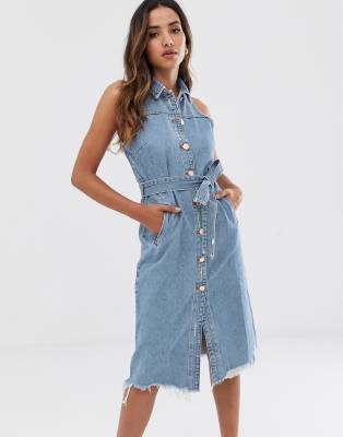  River  Island  midi shirt  dress  with belt  in mid wash ASOS