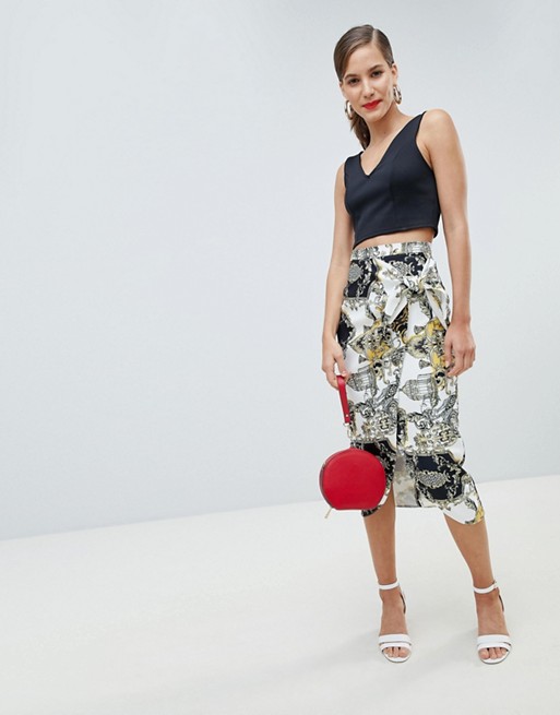River Island midi skirt in scarf print and wrap over detail