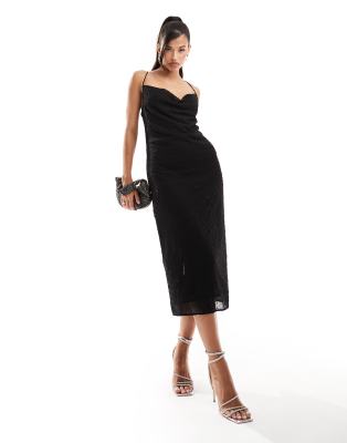 River Island - Midi-Trägerkleid in Schwarz mit Perlen