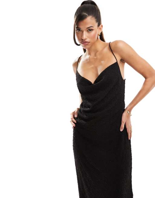 River Island – Midi-Trägerkleid in Schwarz mit Perlen, 3 von 4